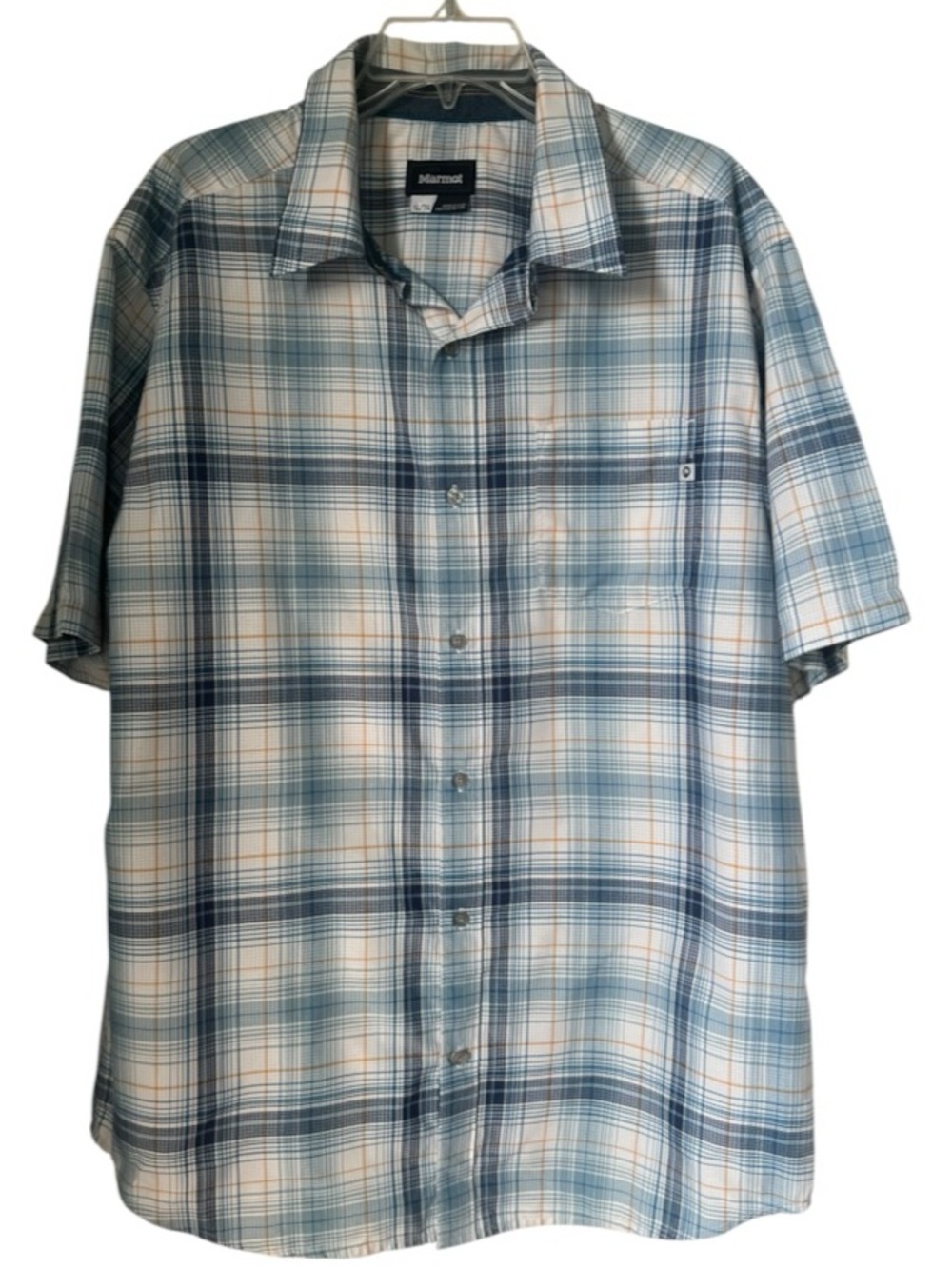 Marmot Men’s XL Plaid Button Up Shirt Blue Orange Outdoor Hiking Camp
